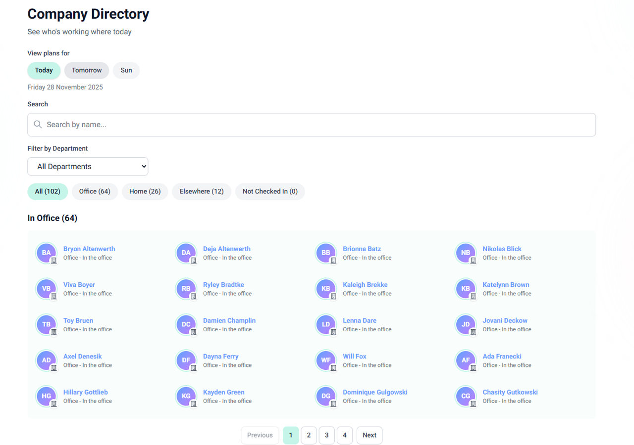 Company directory showing team members and their locations
