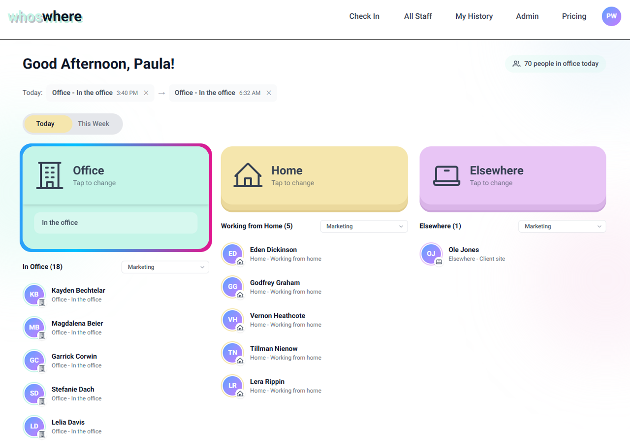 Daily check-in view showing where everyone is today